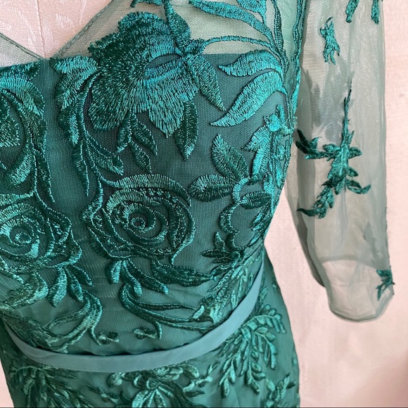 Embroidered Mesh Formal Midi Dress Emerald Green - Picture 3 of 9
